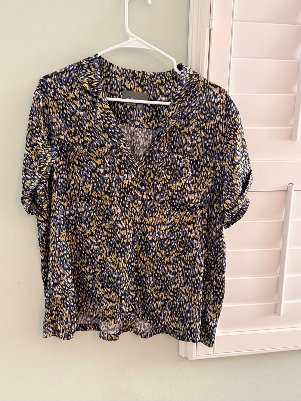 Anthropologie Navy Blouse with Mustard and Cream Speckle Print